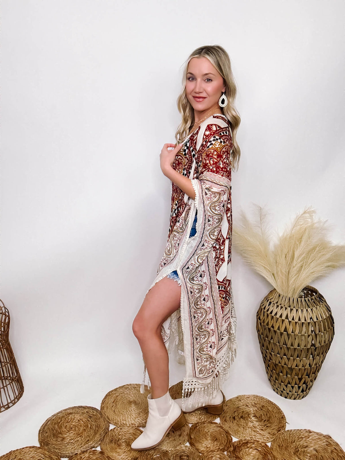 Boho Kimono with Lace Eyelet Crochet and Tassel Details, One Size Fits 0-14, Flowy Oversized Fit, 100% Polyester. 