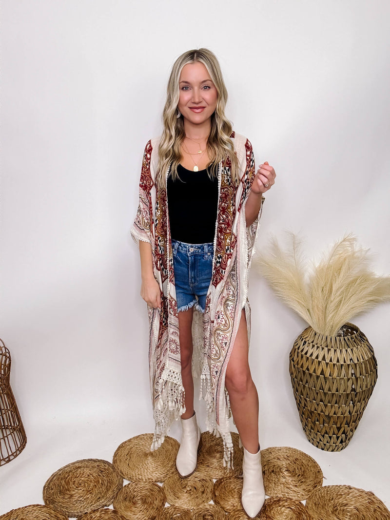 Boho Kimono with Lace Eyelet Crochet and Tassel Details, One Size Fits 0-14, Flowy Oversized Fit, 100% Polyester. 