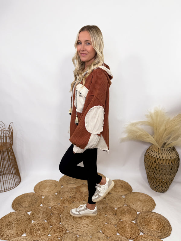 Brick & Cream Button-Up Hoodie Jacket by POL with elbow patches and frayed hem details 