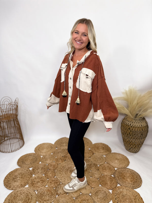 Brick & Cream Button-Up Hoodie Jacket by POL with elbow patches and frayed hem details 