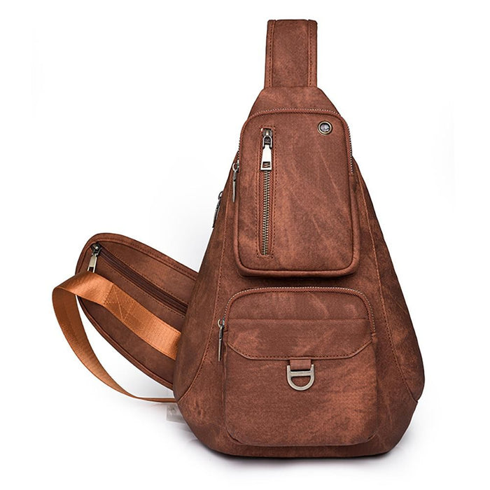 Brown Faux Leather Pocket Sling Bag with Full Zipper Closure and Multiple Pockets, Approximately 12.5 inches Tall, 11 inches Wide, and 4.5 inches Deep