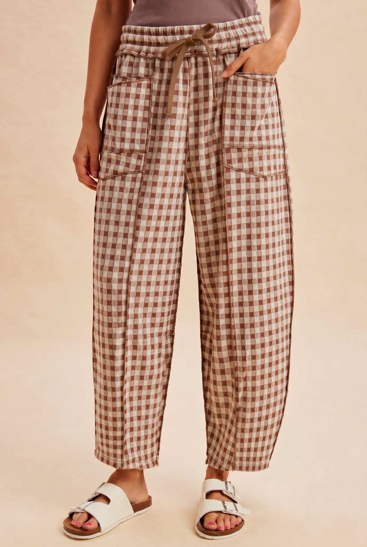 Brown Plaid Checkered Barrel Pants For fall