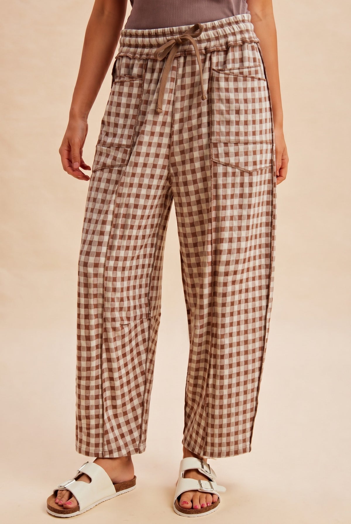 Brown Plaid Checkered Barrel Pants
