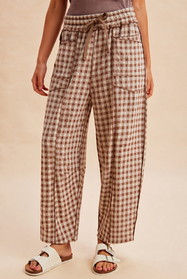 Brown Plaid Checkered Barrel Pants