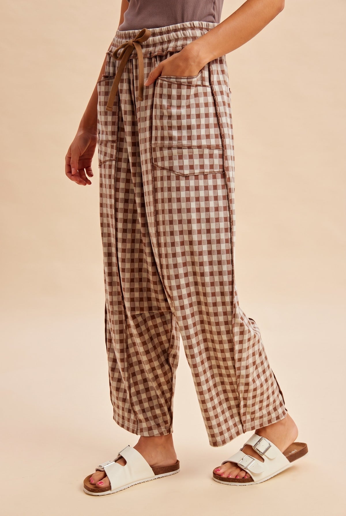 Brown Plaid Checkered Barrel Pants