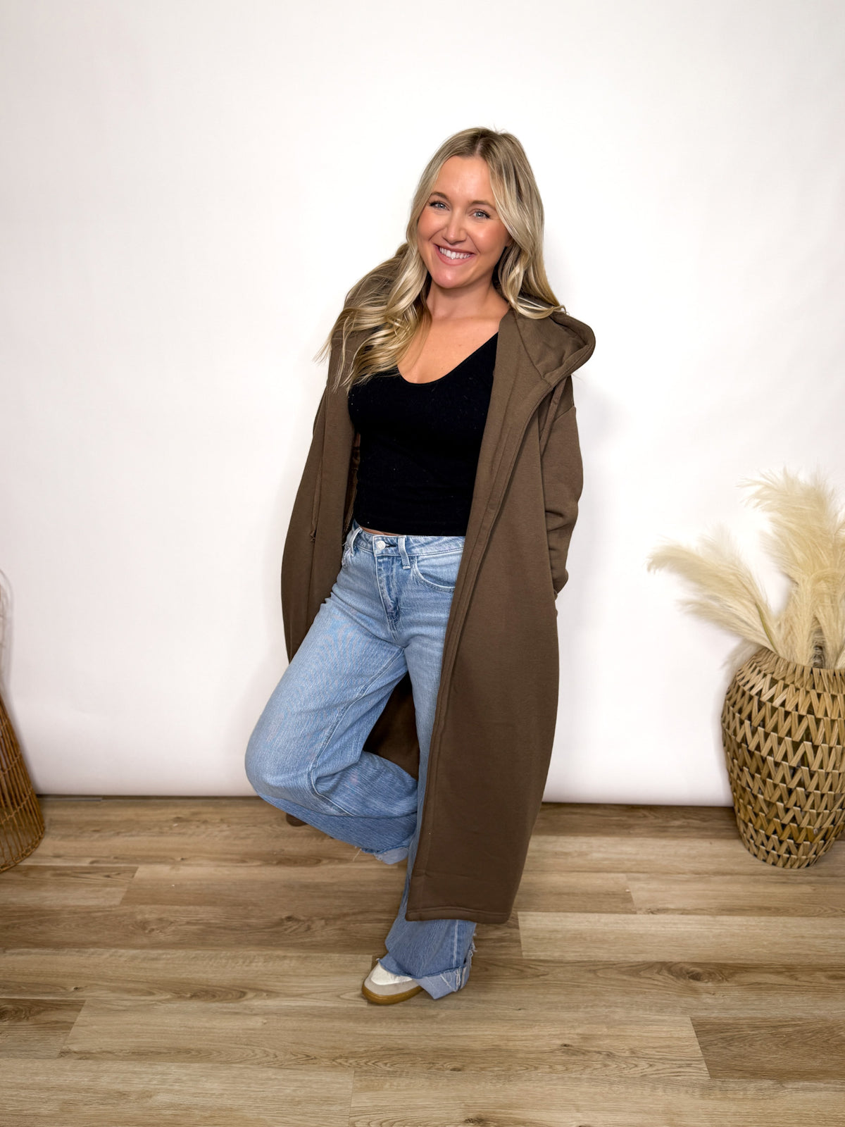 Brown fleece lined oversized hoodie cardigan with drawstring hood and pockets for women