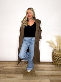 Brown fleece lined oversized hoodie cardigan with drawstring hood and pockets for women