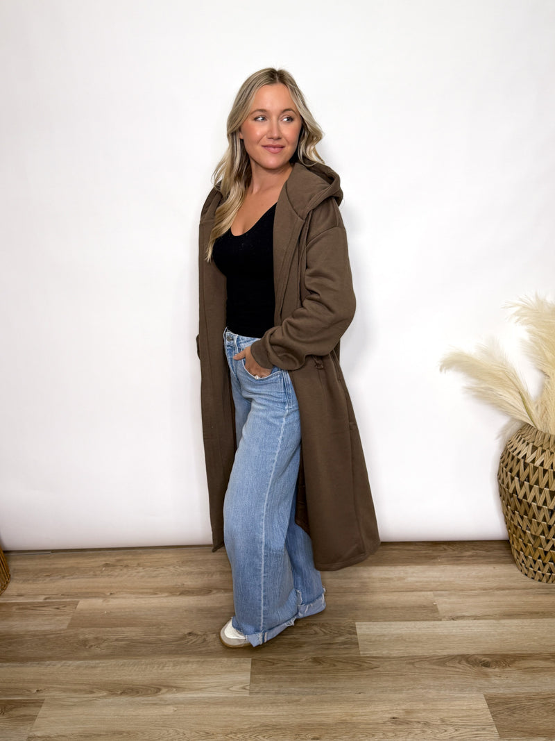 Brown fleece lined oversized hoodie cardigan with drawstring hood and pockets for women