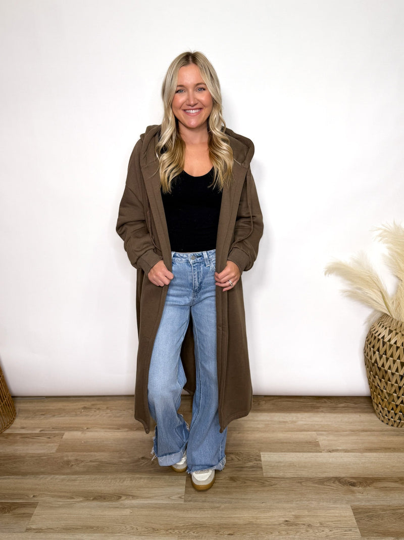 Brown fleece lined oversized hoodie cardigan with drawstring hood and pockets for women