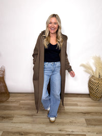 Brown fleece lined oversized hoodie cardigan with drawstring hood and pockets for women