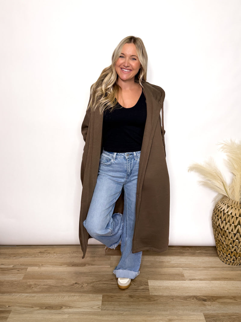 Brown fleece lined oversized hoodie cardigan with drawstring hood and pockets for women