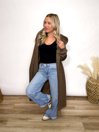 Brown fleece lined oversized hoodie cardigan with drawstring hood and pockets for women