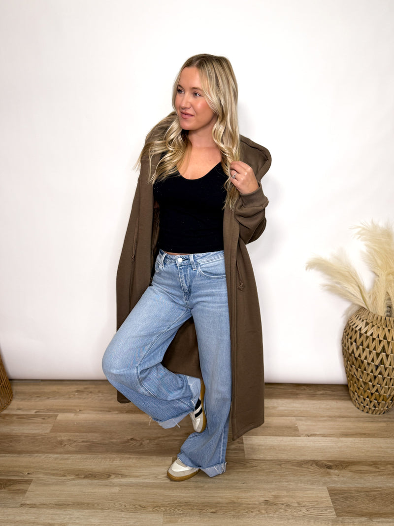 Brown fleece lined oversized hoodie cardigan with drawstring hood and pockets for women