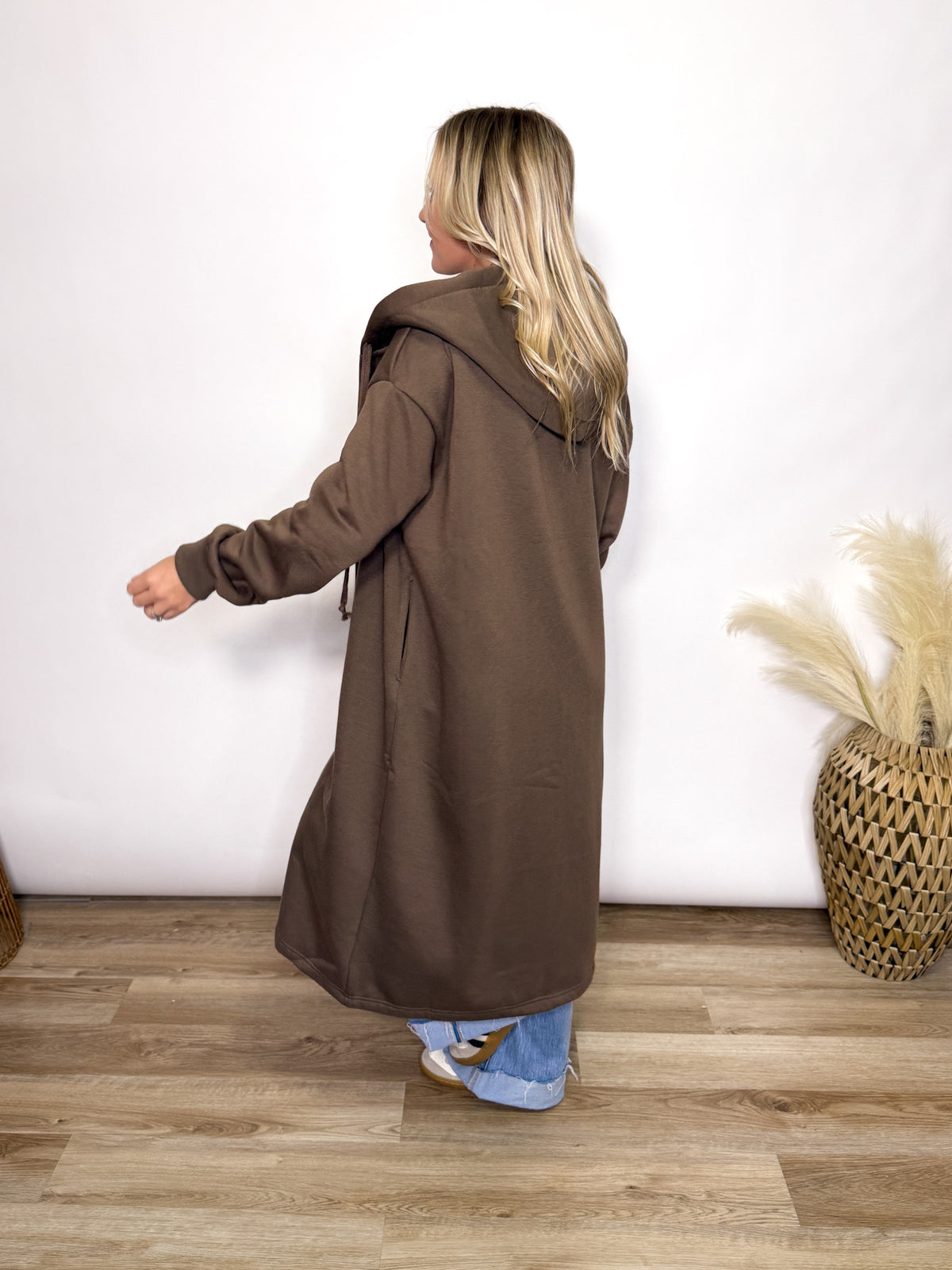 Brown fleece lined oversized hoodie cardigan with drawstring hood and pockets for women