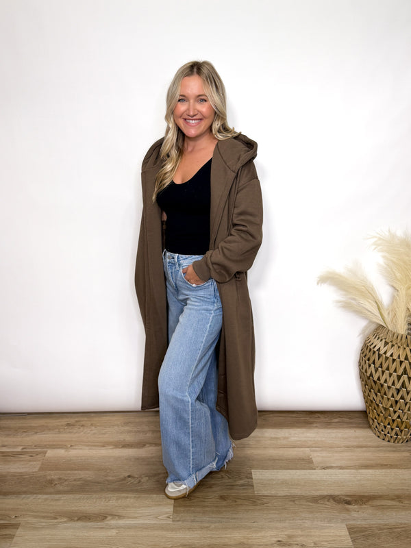 Brown fleece lined oversized hoodie cardigan with drawstring hood and pockets for women