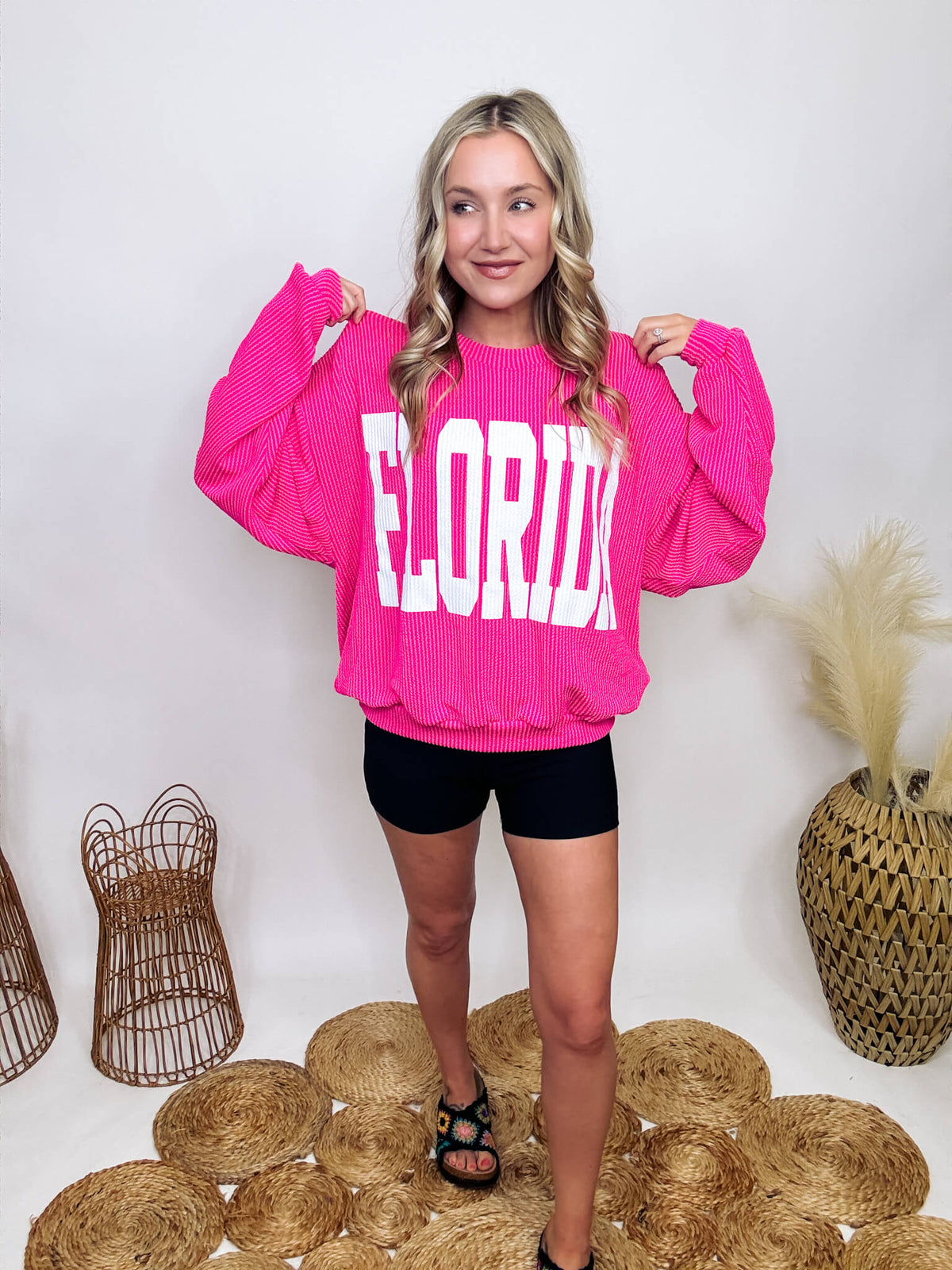Bucketlist Hot Pink Florida Crew Neck Corded Oversized Pullover