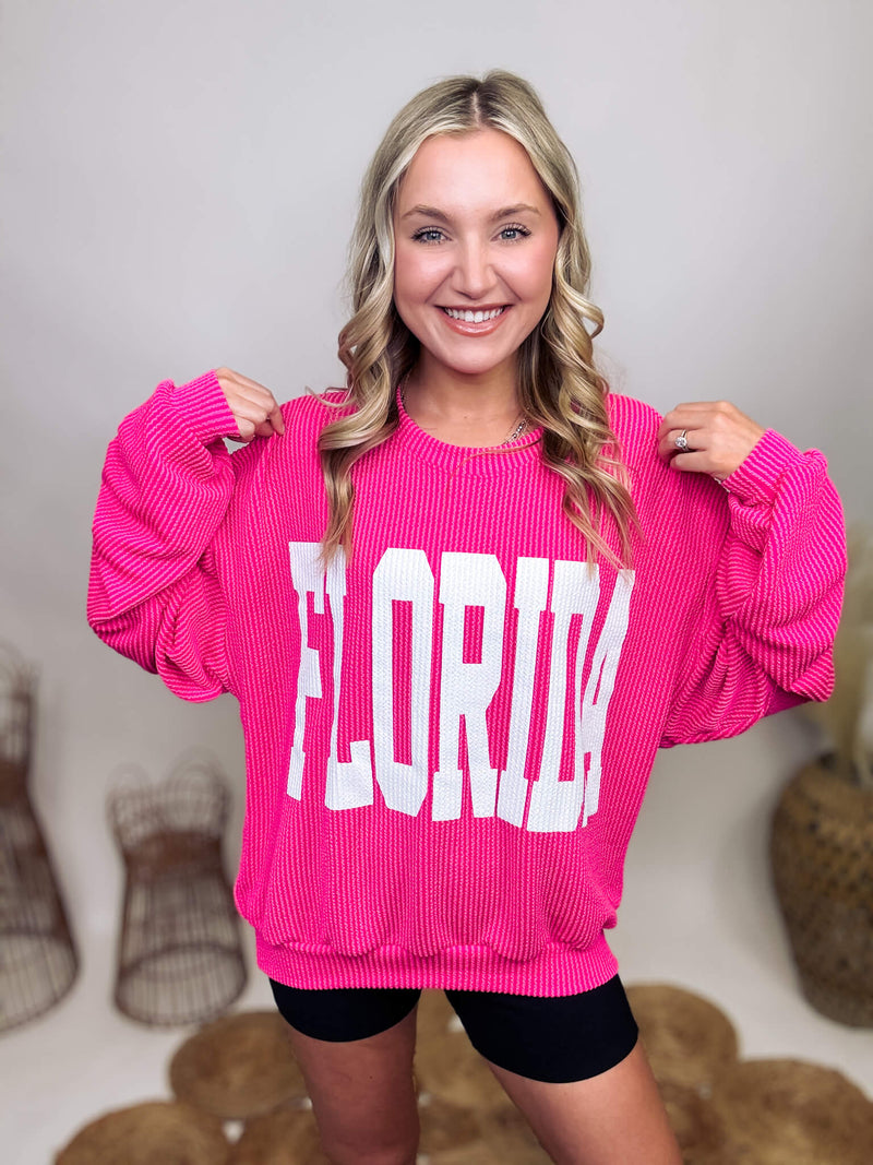 Bucketlist Hot Pink Florida Crew Neck Corded Oversized Pullover