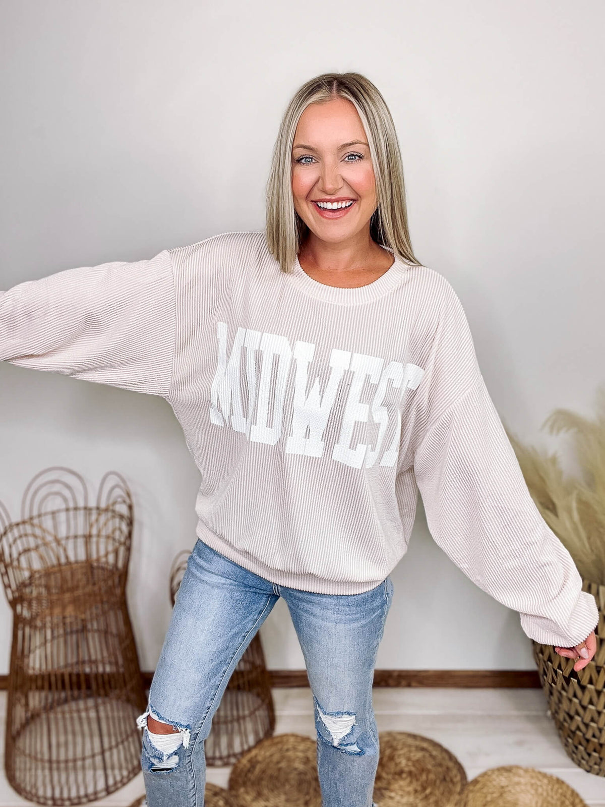 Bucketlist MIDWEST Cream and White Corded Crew Neck Pullover Stretchy Comfy Lightweight Material Oversized Fit 95% Polyester, 5% Spandex