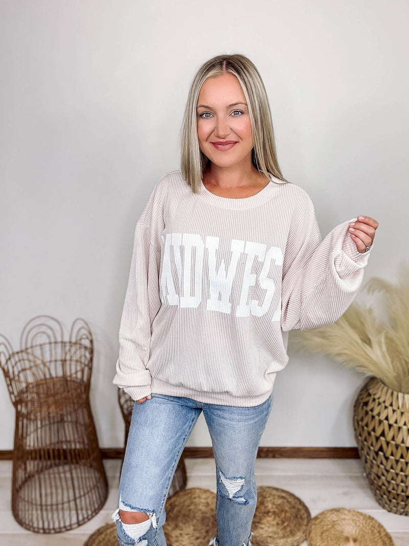 Bucketlist MIDWEST Cream and White Corded Crew Neck Pullover Stretchy Comfy Lightweight Material Oversized Fit 95% Polyester, 5% Spandex