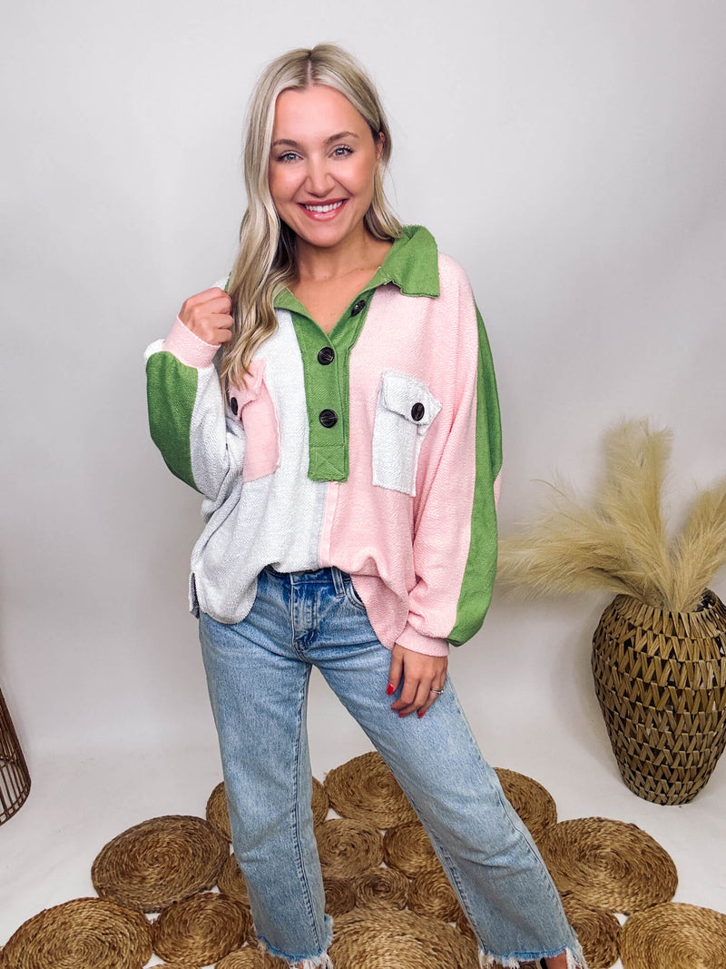 Bucketlist Pink, Grey and Green Reverse French Terry Henley Pullover