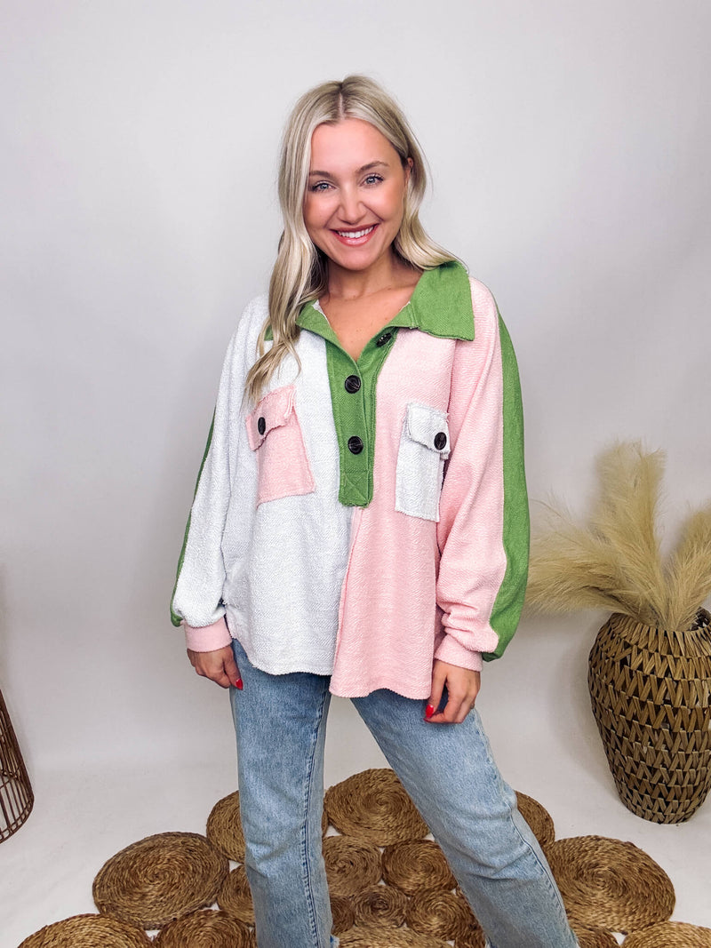 Bucketlist Pink, Grey and Green Reverse French Terry Henley Pullover