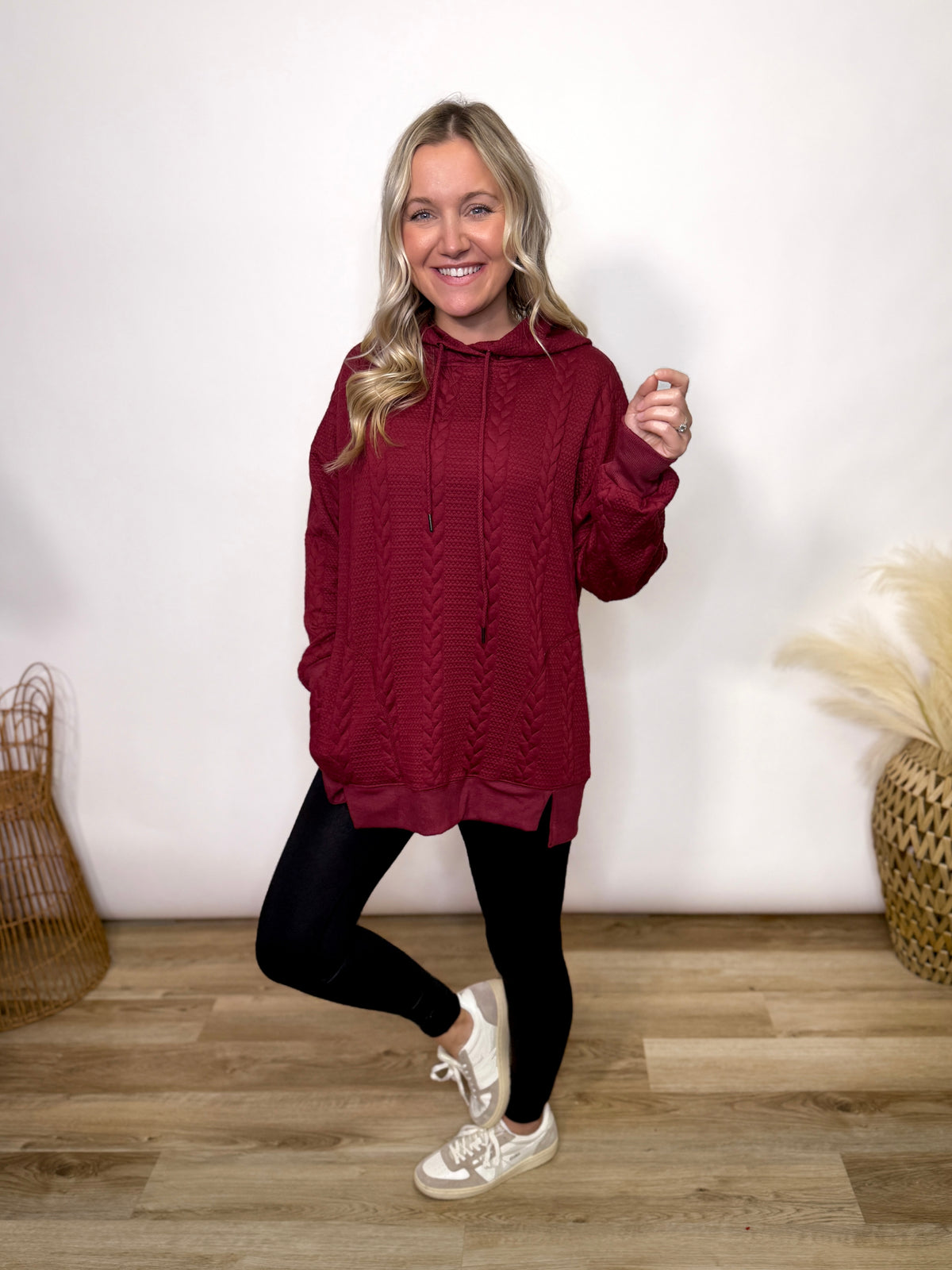 Woman wearing Burgundy Cable Knit Oversized Hoodie