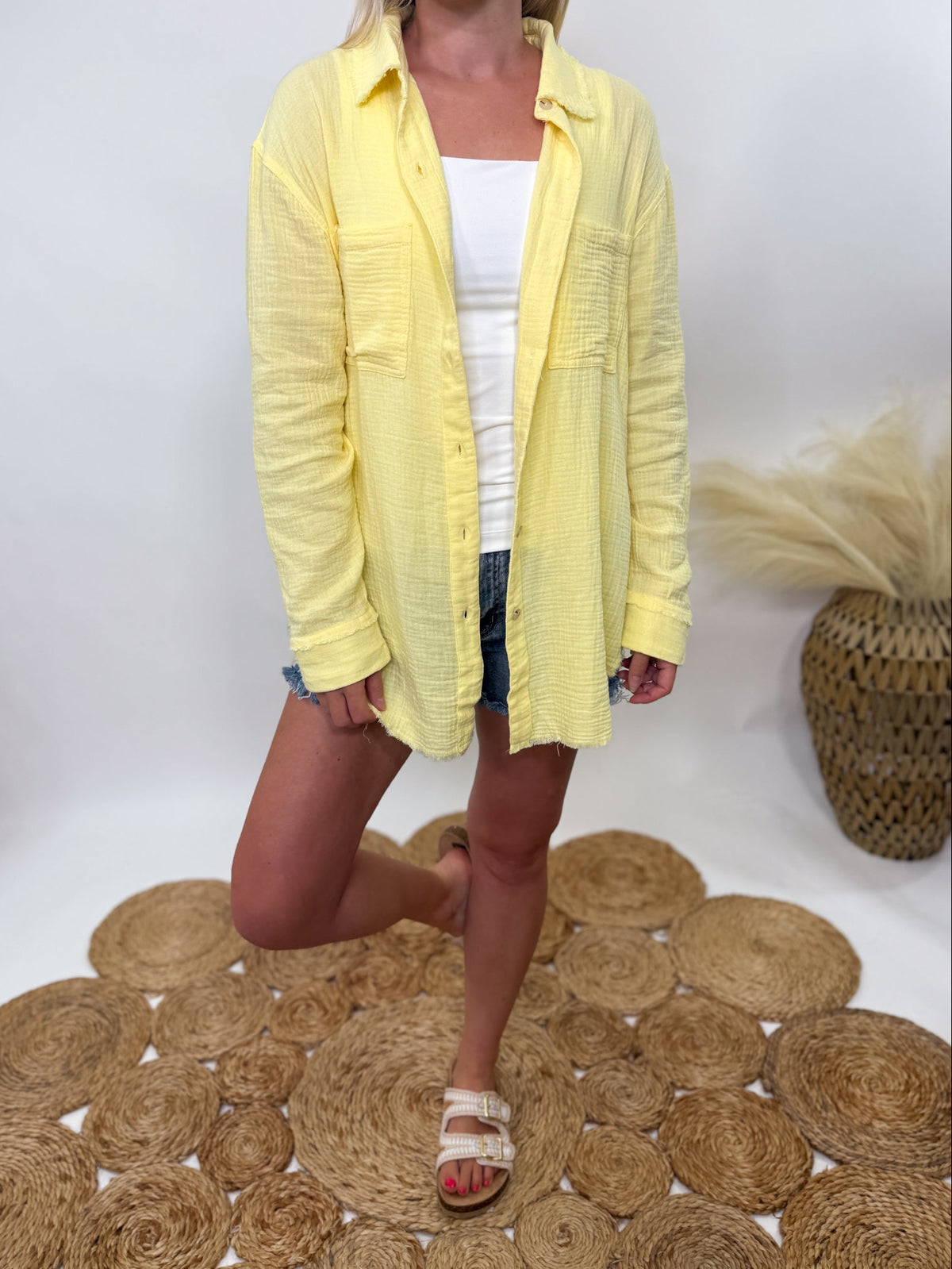 Butter Yellow Lightweight Long Sleeve Button Up