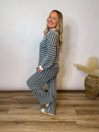 Hunter Green Striped Ribbed Long Sleeve Top and Wide Leg Matching Set