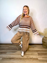 Brown Mocha Striped Crochet Sweater