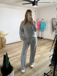 Heather Grey Soft Hacci Wide Leg Lounge Set