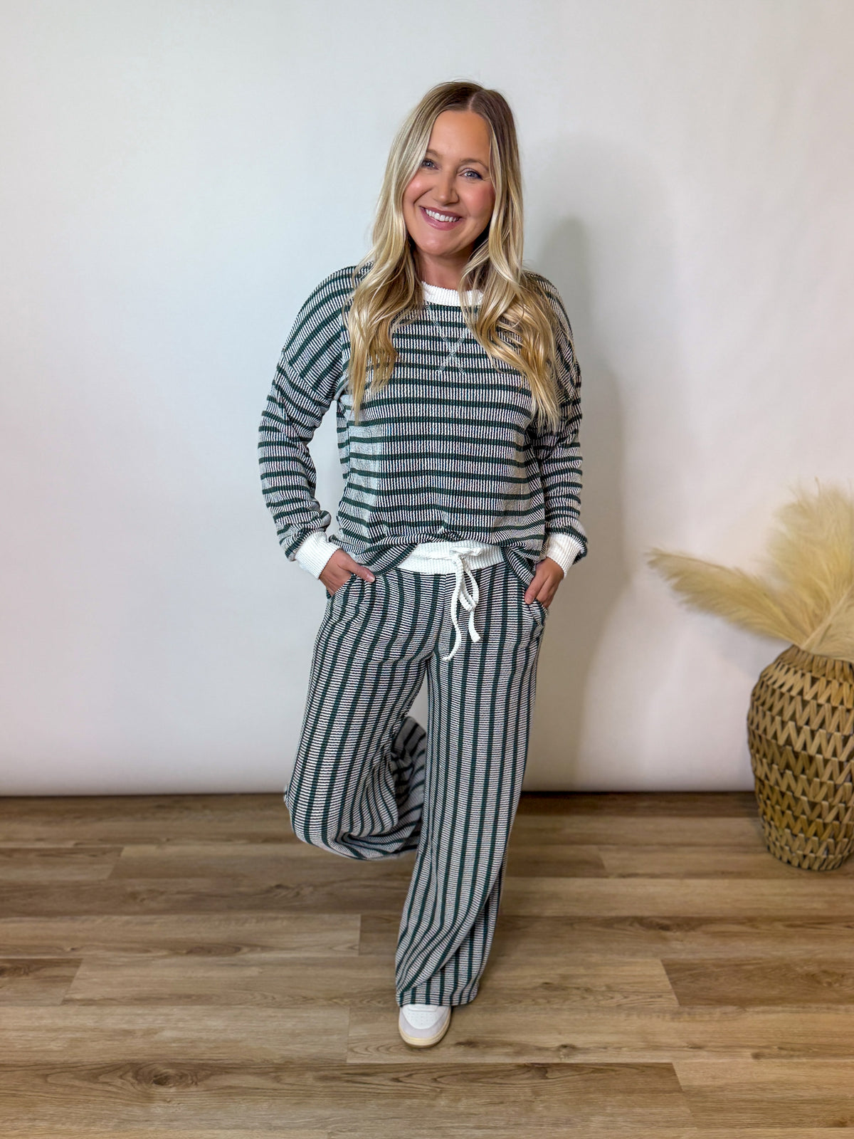Hunter Green Striped Ribbed Long Sleeve Top and Wide Leg Matching Set