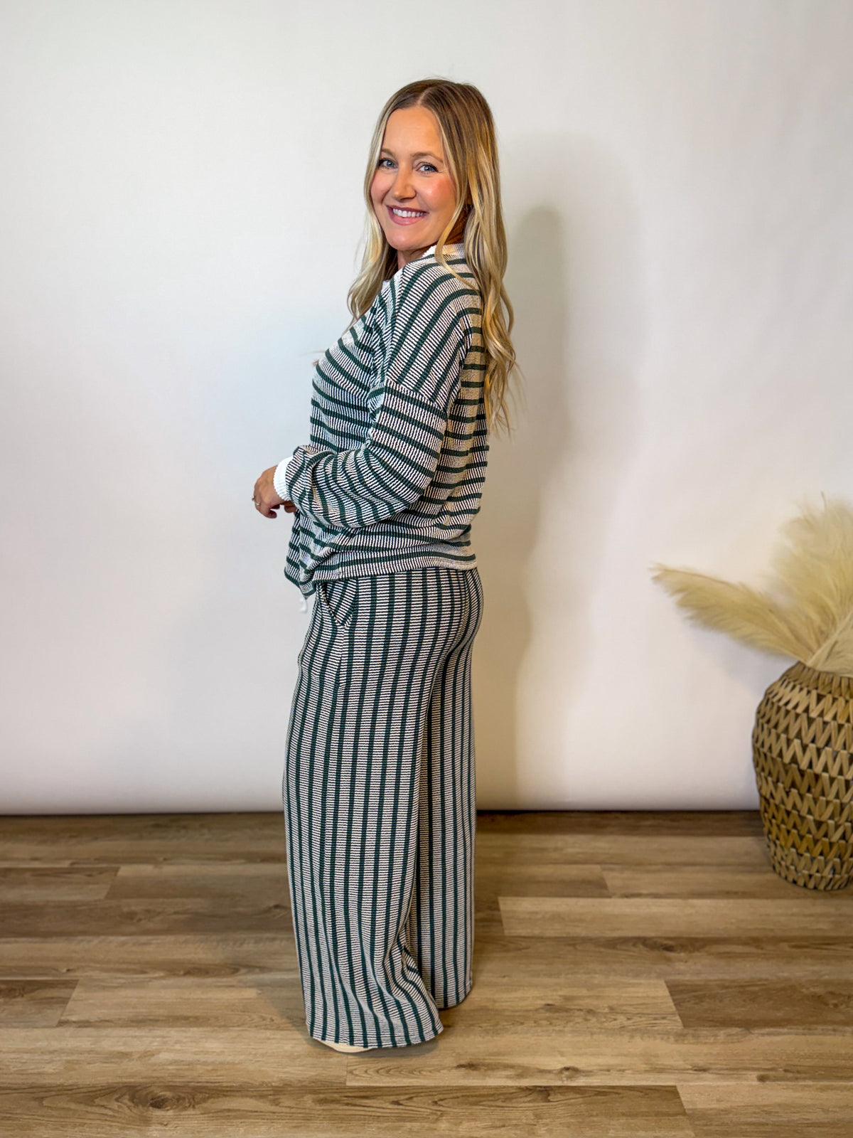 Hunter Green Striped Ribbed Long Sleeve Top and Wide Leg Matching Set