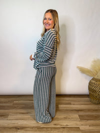 Hunter Green Striped Ribbed Long Sleeve Top and Wide Leg Matching Set