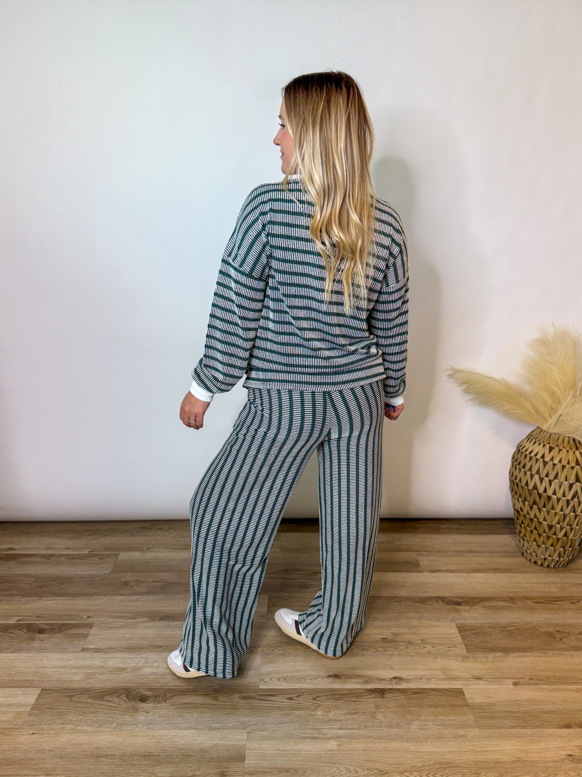 Hunter Green Striped Ribbed Long Sleeve Top and Wide Leg Matching Set