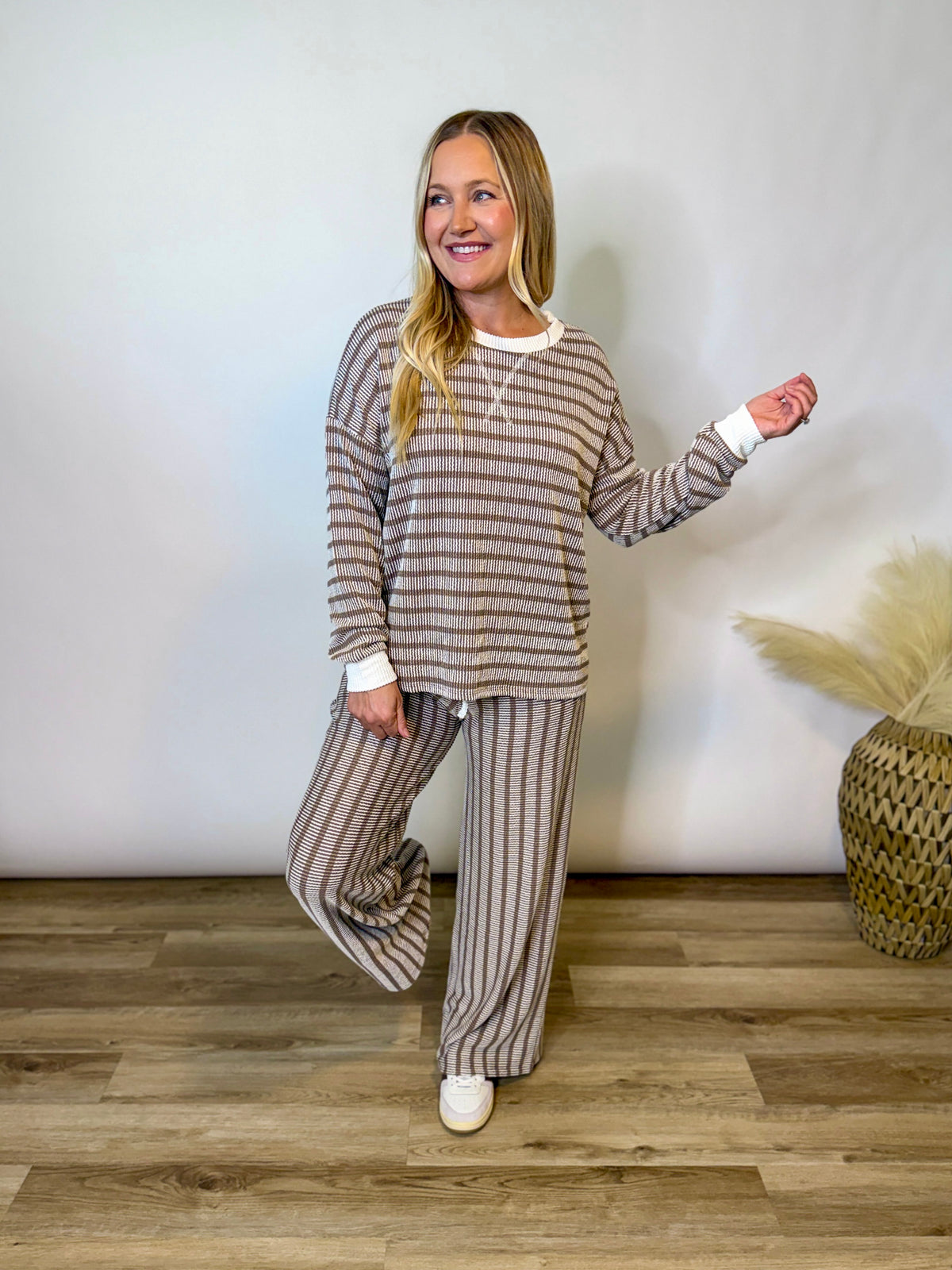 Mocha Striped Ribbed Long Sleeve Top and Wide Leg Matching Set
