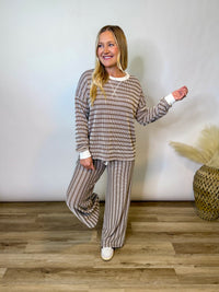 Mocha Striped Ribbed Long Sleeve Top and Wide Leg Matching Set