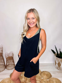 Ces Femme Black V-Neck Spaghetti Strap Romper Two Pockets Oversized/Relaxed Fit 85% Cotton, 15% Polyester