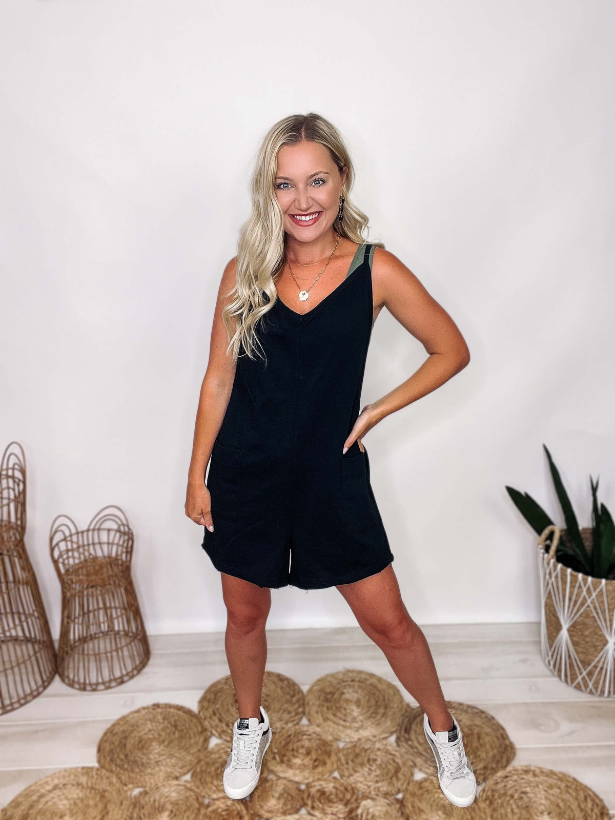 Ces Femme Black V-Neck Spaghetti Strap Romper Two Pockets Oversized/Relaxed Fit 85% Cotton, 15% Polyester