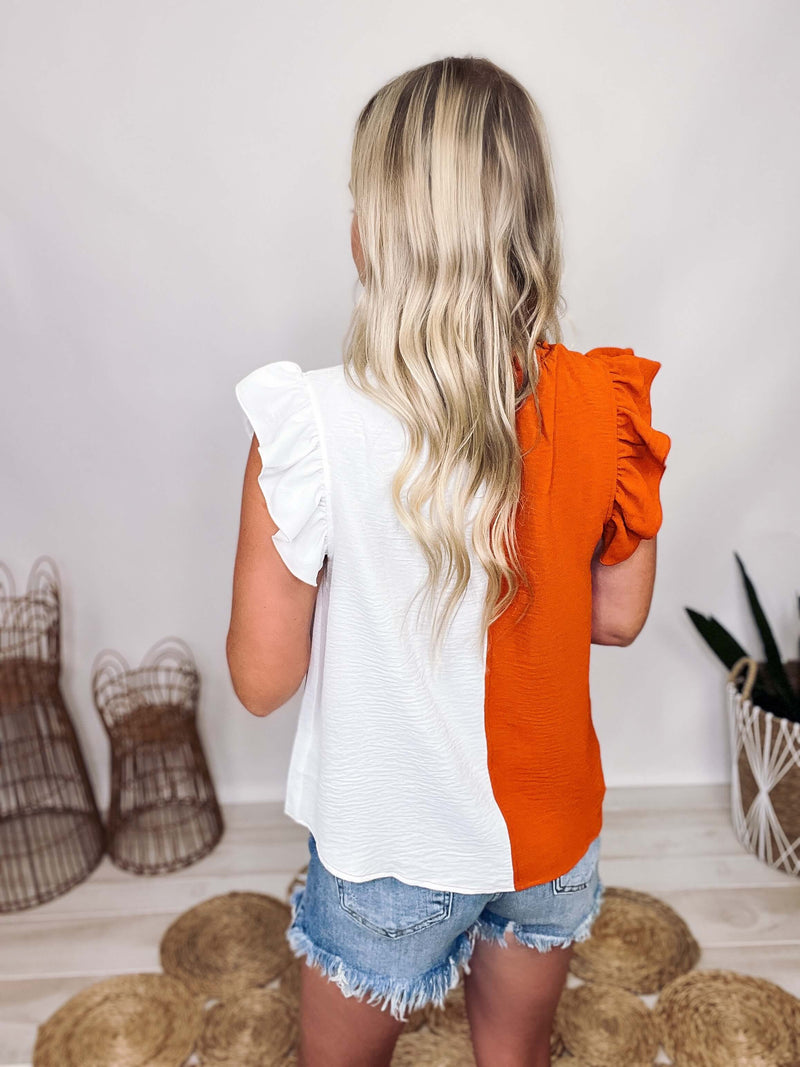 Ces Femme Rusty Orange and White Colorblock Ruffle Sleeve and Neckline Tank Top Relaxed Fit