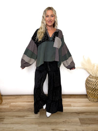 Charcoal Moss Quilted Patchwork Long Sleeve Top by POL