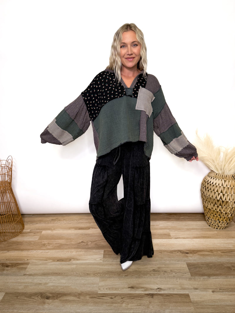 Charcoal Moss Quilted Patchwork Long Sleeve Top by POL