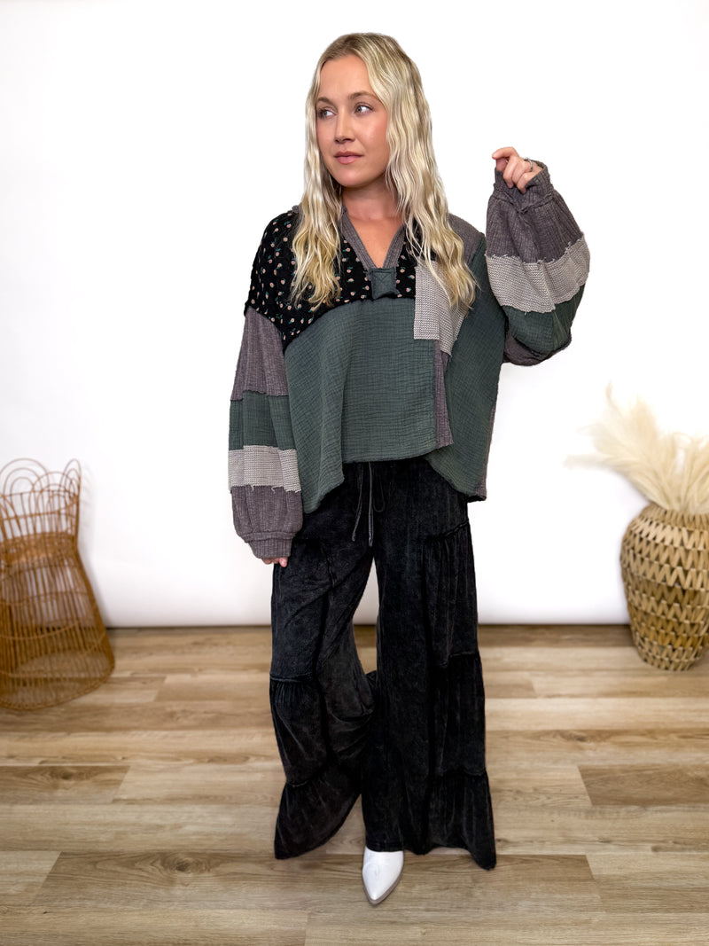 Charcoal Moss Quilted Patchwork Long Sleeve Top by POL