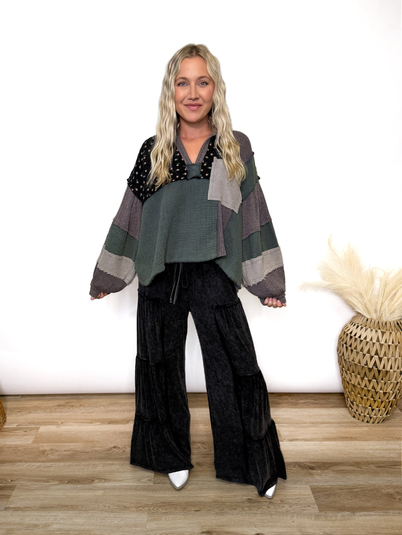 Charcoal Moss Quilted Patchwork Long Sleeve Top by POL