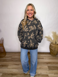 Charcoal fleece lined floral print hoodie