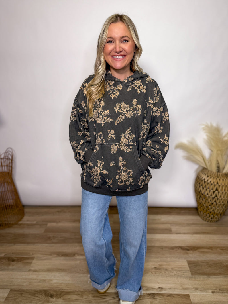Charcoal fleece lined floral print hoodie