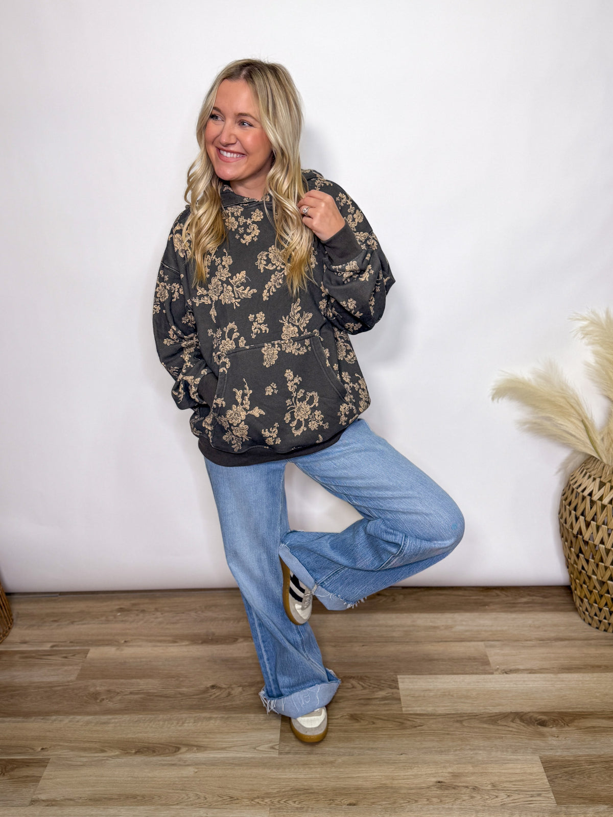 Charcoal fleece lined floral print hoodie