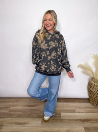 Charcoal fleece lined floral print hoodie