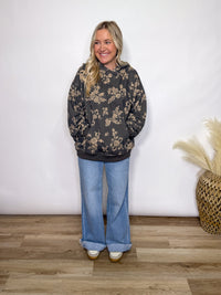 Charcoal fleece lined floral print hoodie