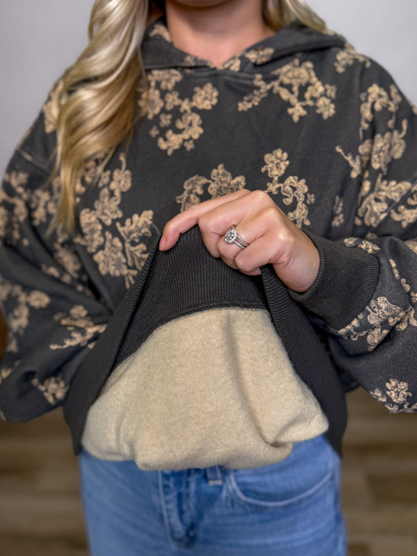 Charcoal fleece lined floral print hoodie