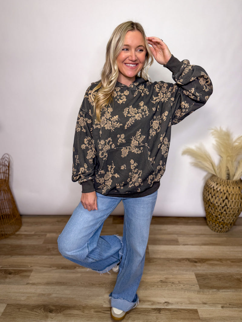 Charcoal fleece lined floral print hoodie